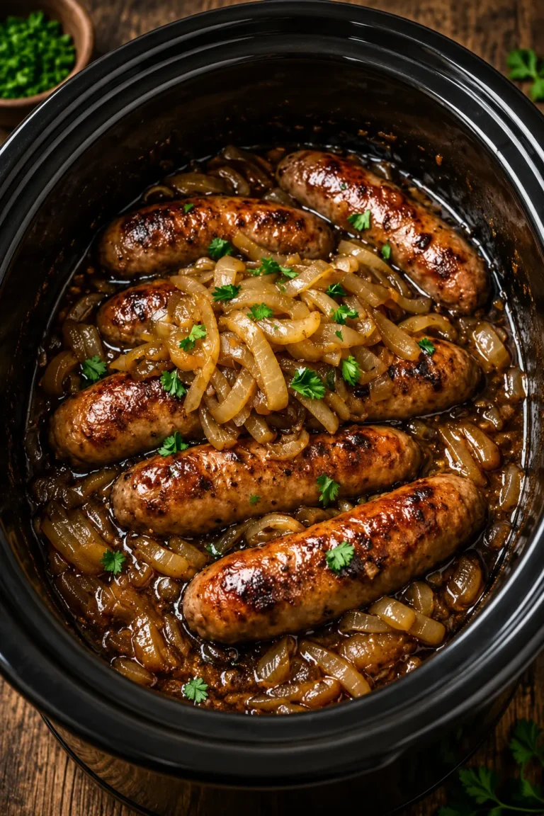 Slow cooker bangers and onions with rich onion gravy and browned sausages.
