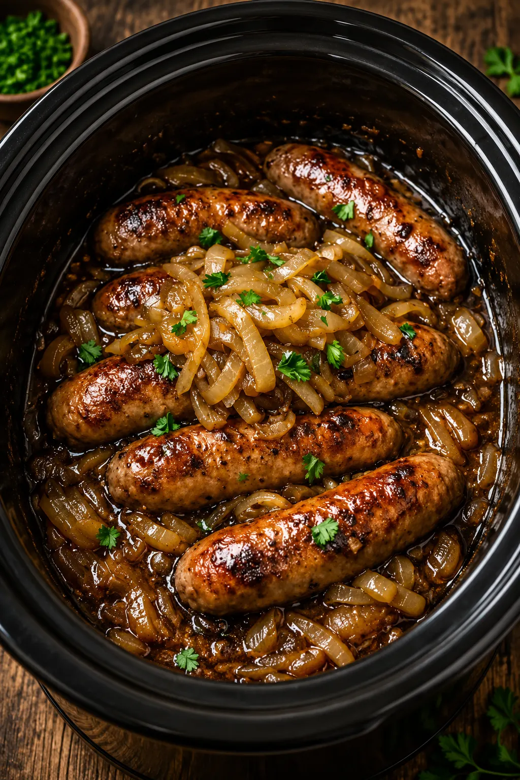 Slow cooker bangers and onions with rich onion gravy and browned sausages.