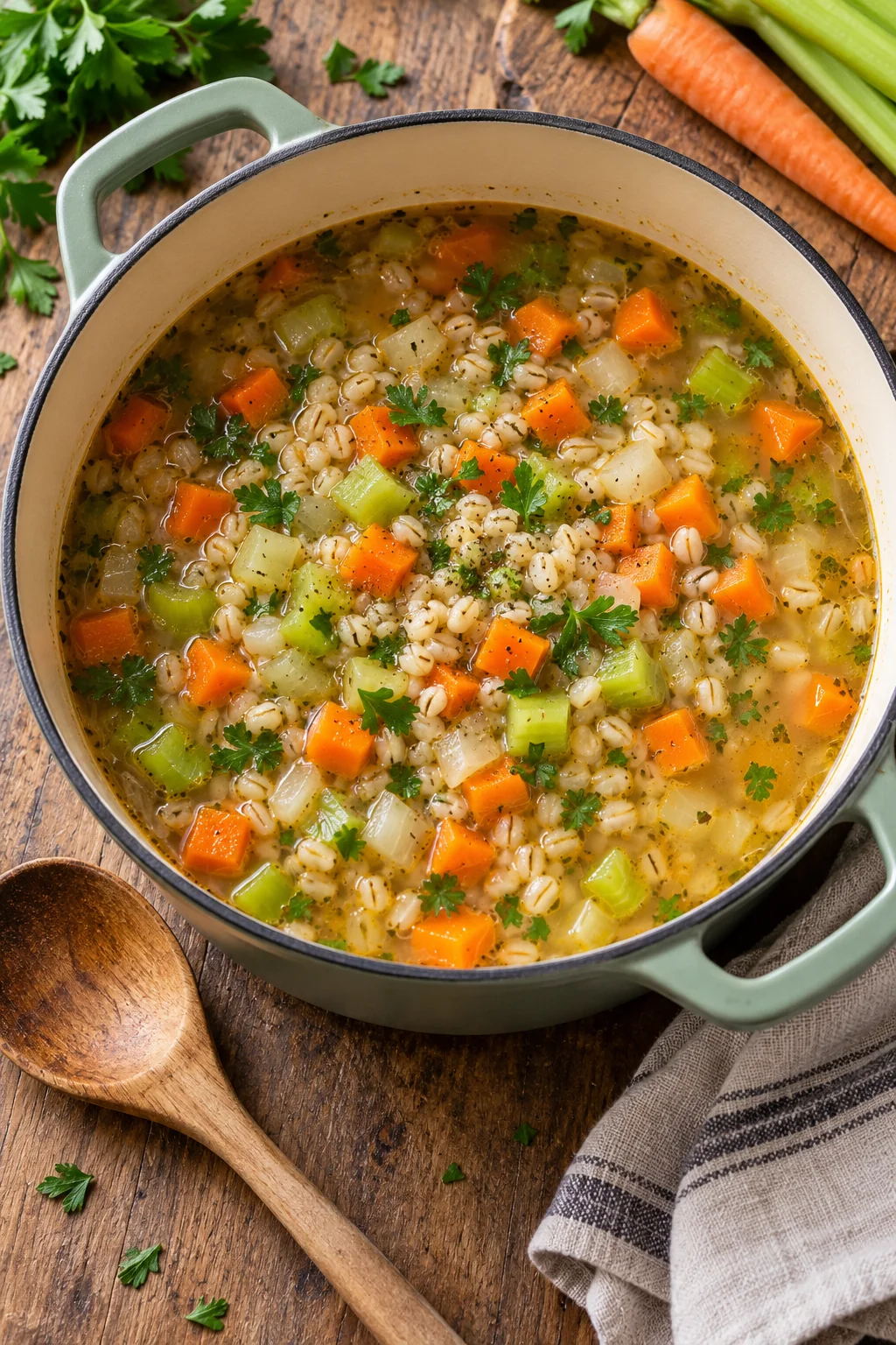 Vegetable barley soup simmering in a Dutch oven