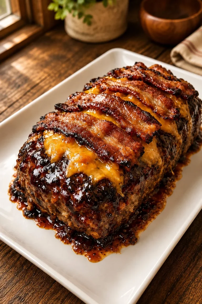 BBQ Bacon Cheeseburger Meatloaf prepared and garnished.