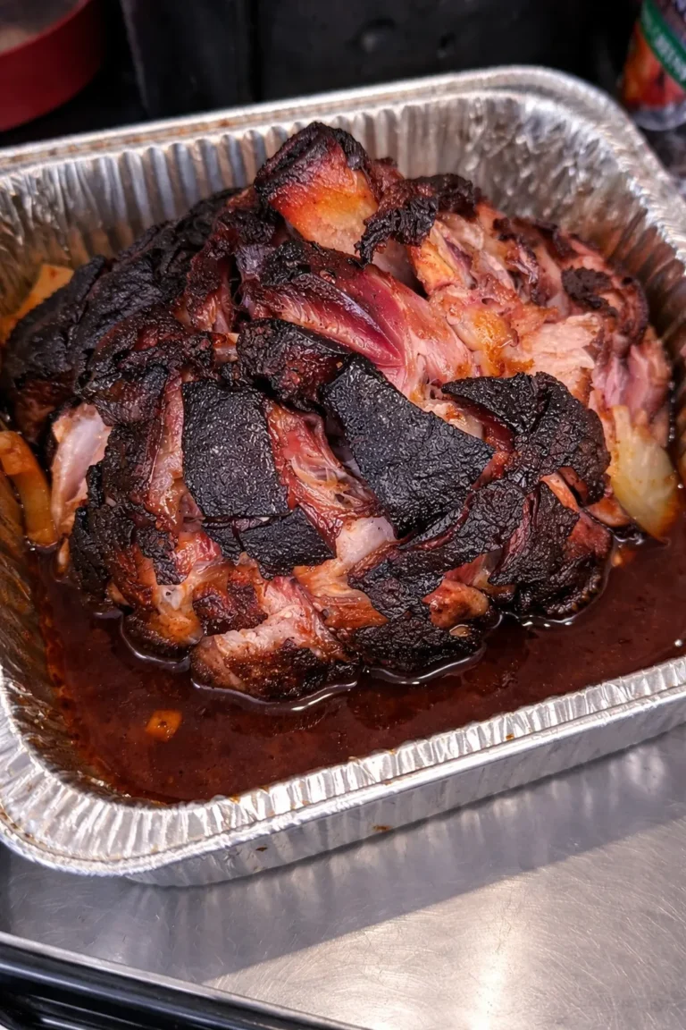 Juicy BBQ pulled pork with crispy bark and rich sauce in foil tray