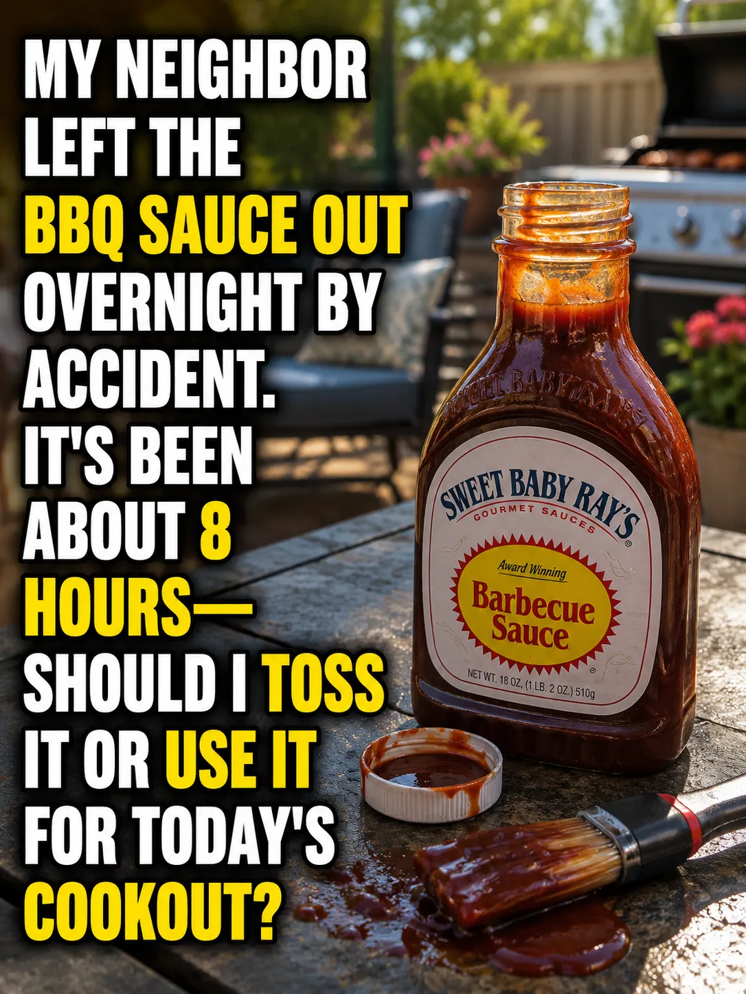 Open bottle of barbecue sauce left on a kitchen counter overnight