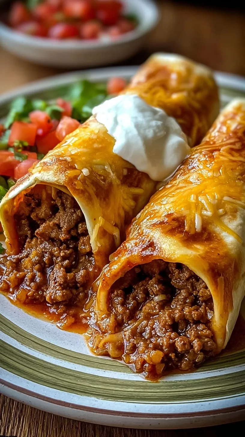 Golden brown crispy beef and cheese chimichangas served on a white plate with salsa and sour cream.
