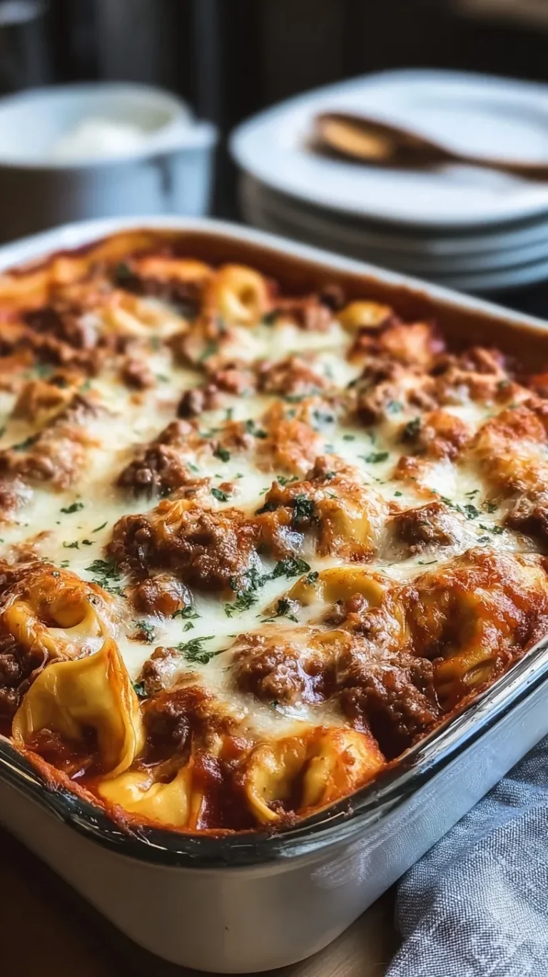A bubbling dish of Beef and Cheese Tortellini Bake with melted mozzarella and golden parmesan cheese on top.