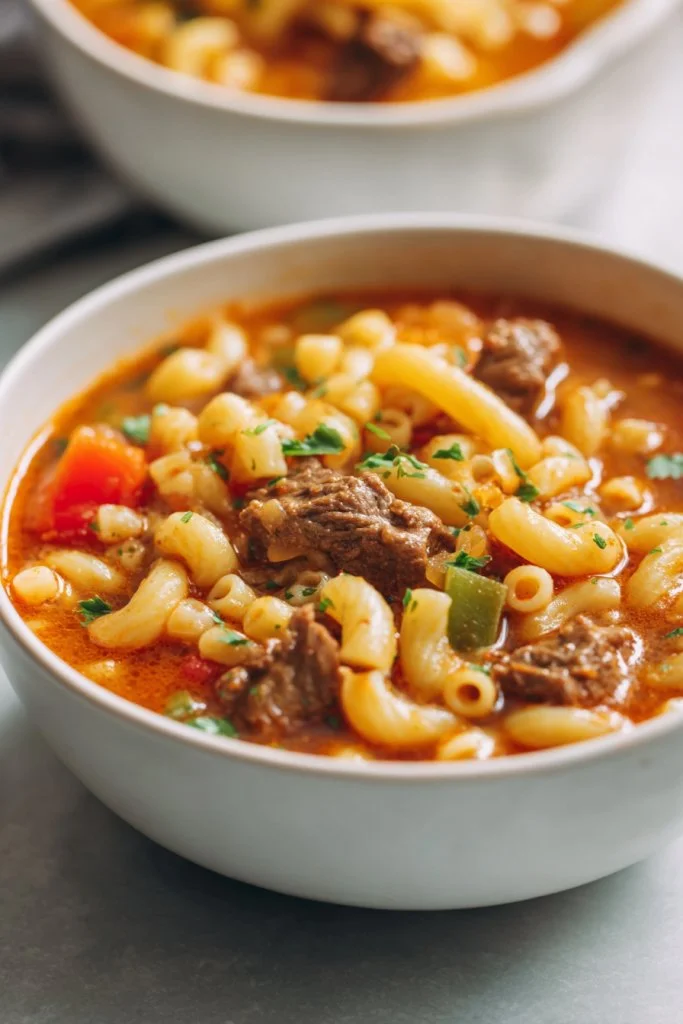 Hearty Beef and Macaroni Soup in a bowl topped with fresh herbs