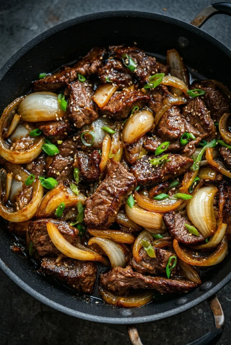 Vertical photo of Mongolian beef and onion stir-fry in a cast-iron skillet, featuring tender beef, caramelized onions, and scallion garnishes.