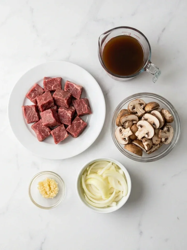 Beef cubes, mushrooms, sliced onions, garlic, and broth arranged for cooking