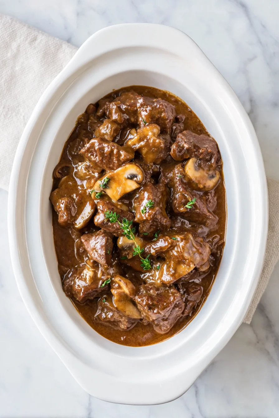 Tender beef and mushrooms in gravy inside a slow cooker