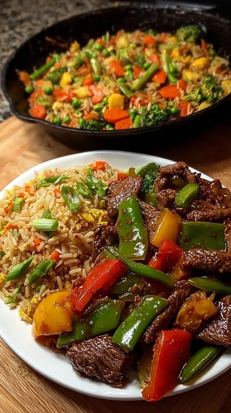 A steaming bowl of beef stir-fry mixed with vegetable fried rice and green onions.