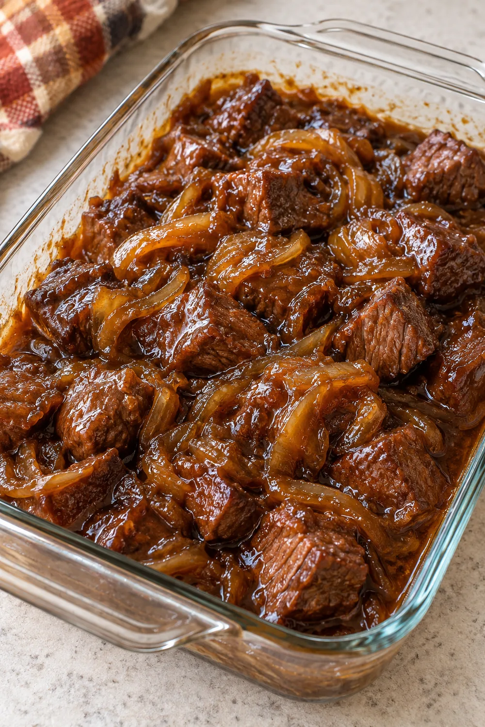 Tender beef Wentworth bites in glossy onion glaze in a glass casserole dish