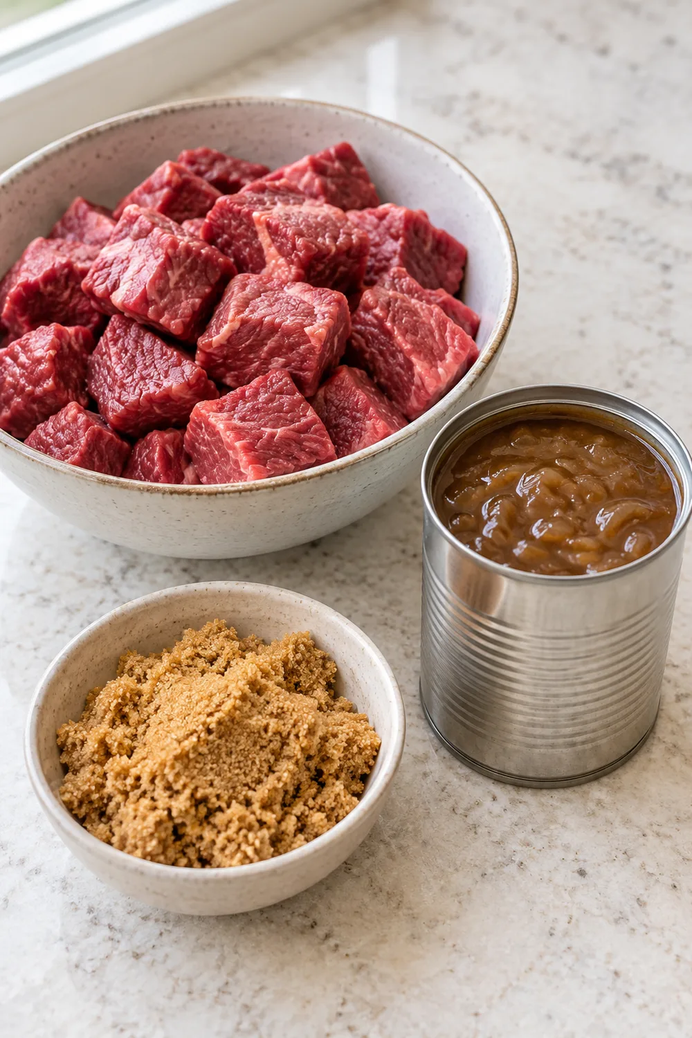 Beef stew meat, condensed French onion soup, and brown sugar