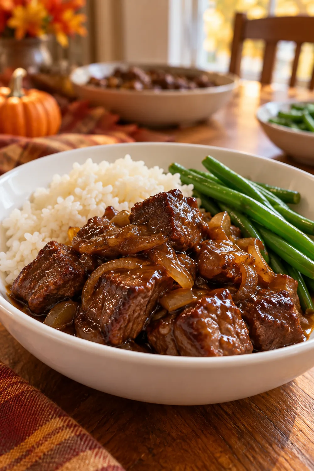 Beef Wentworth served with rice and green beans