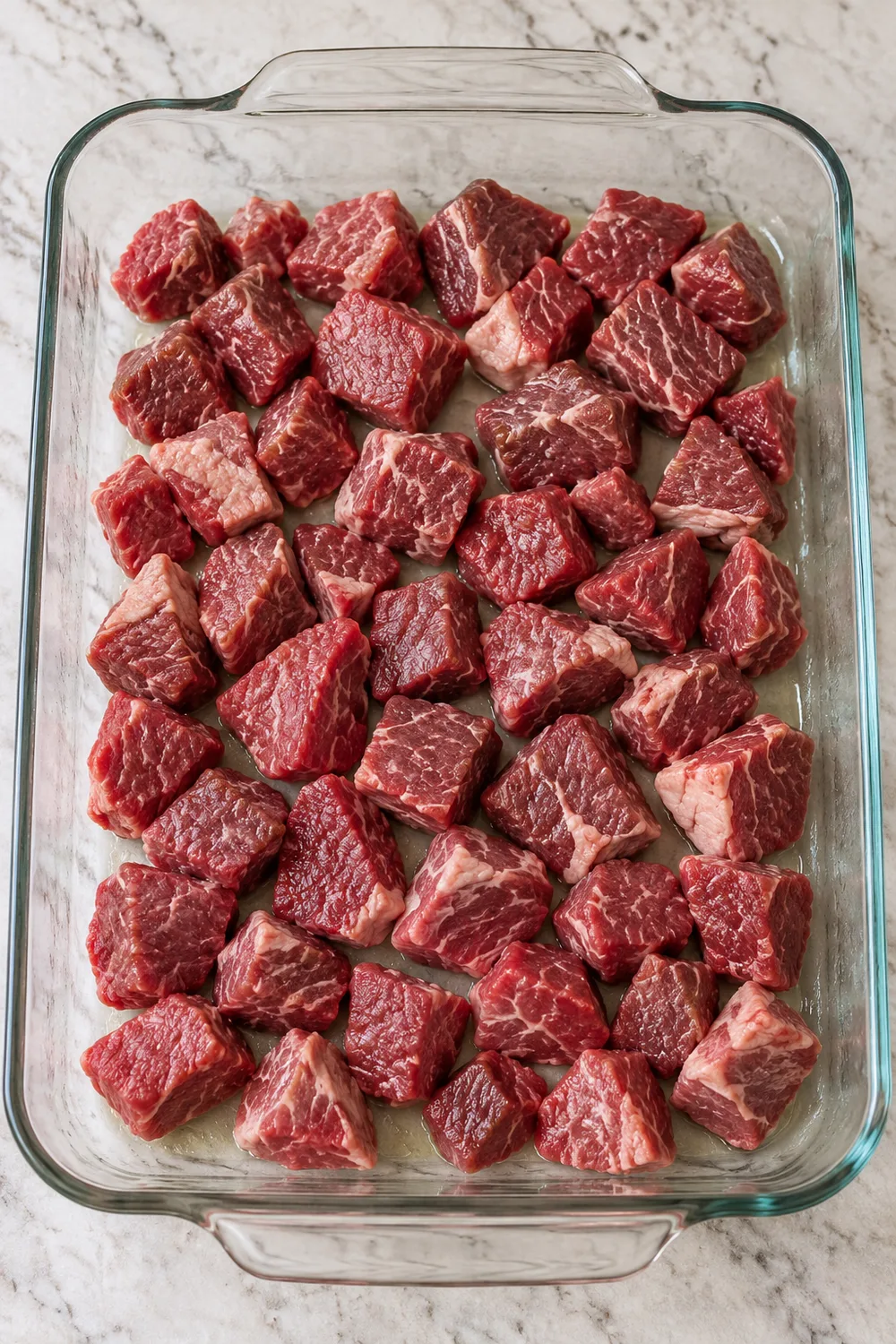 Raw beef cubes arranged in a glass baking dish