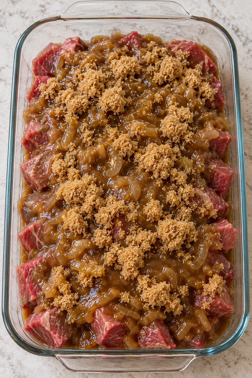 Beef topped with French onion soup and brown sugar
