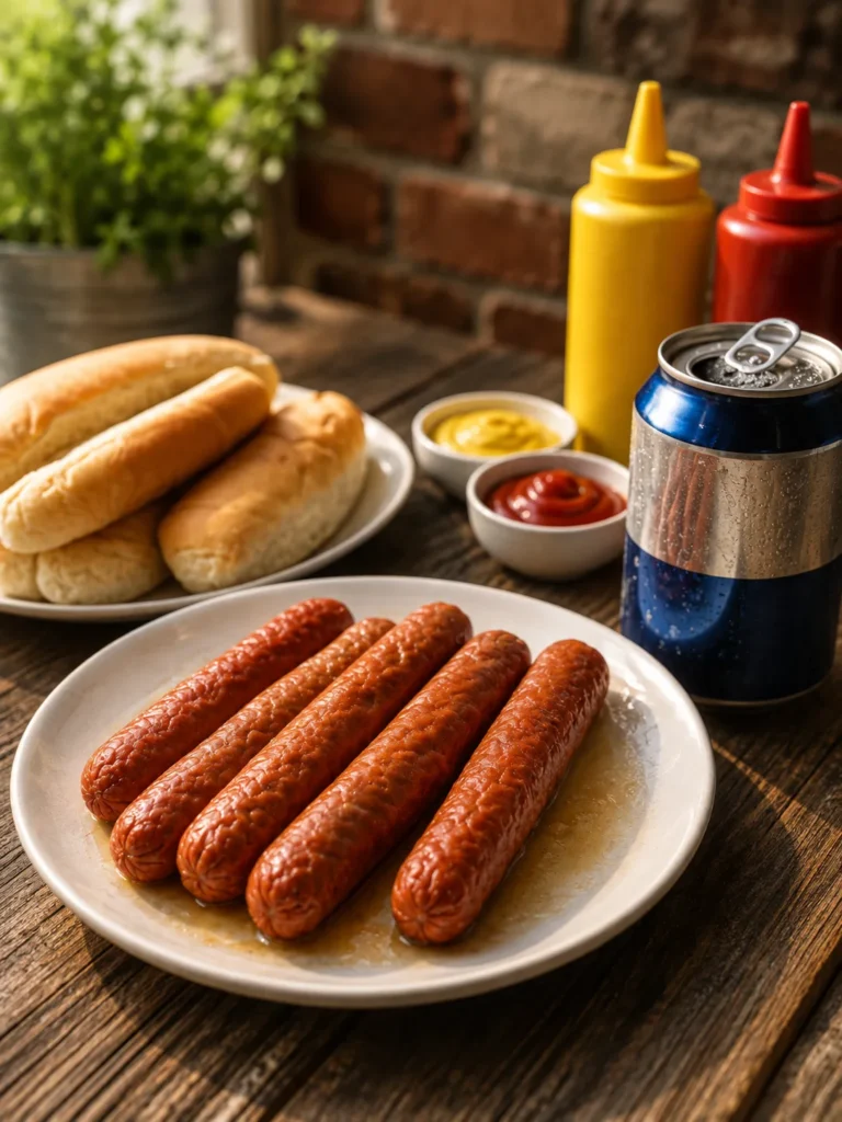 Beer boiled hot dogs cooked in lager with onions and served in toasted buns with mustard