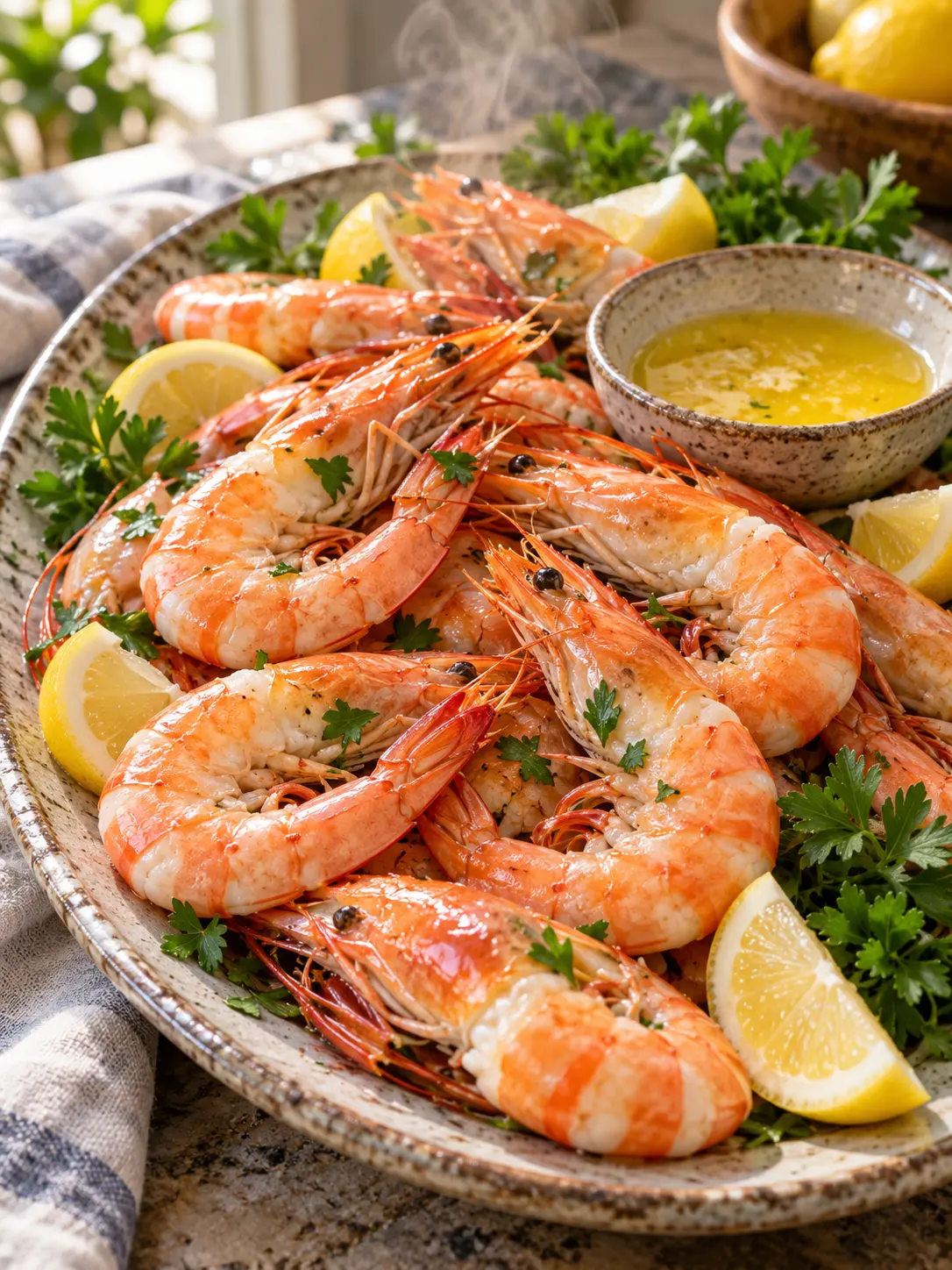 Beer-poached shrimp served with lemon and butter