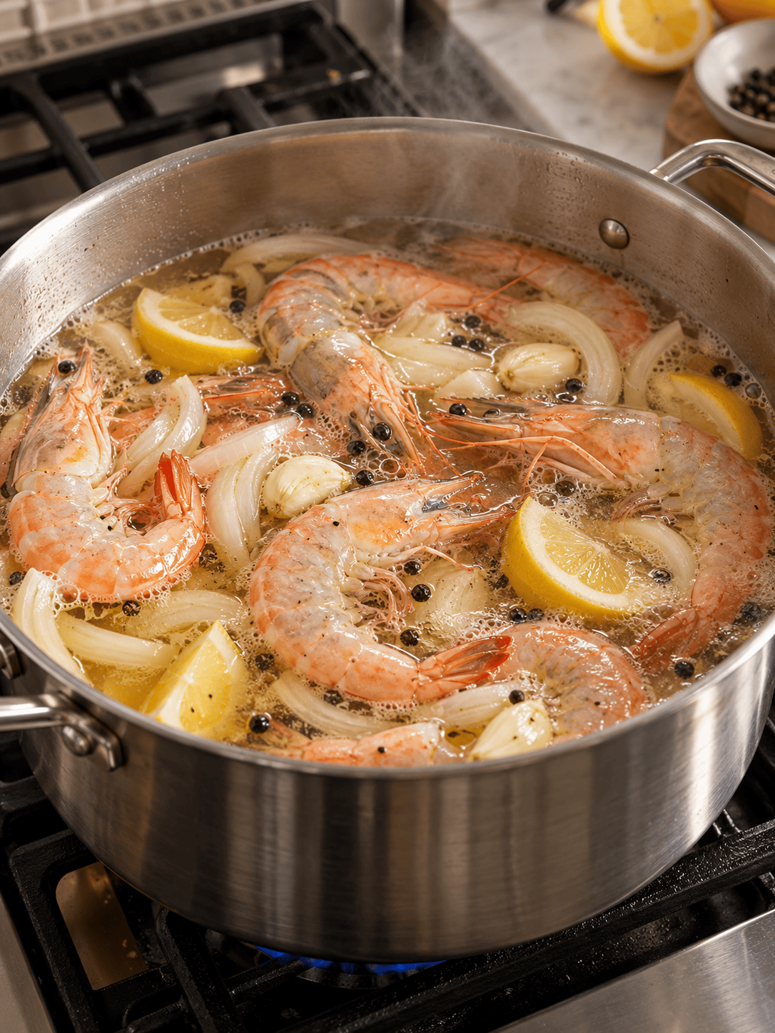 Shrimp simmering with beer, lemon, garlic and onion in a pot