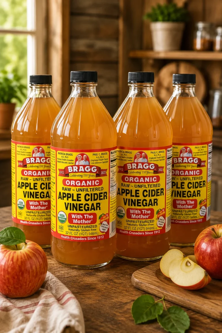 Bottle of apple cider vinegar beside apples, salad dressing, pickled vegetables, and kitchen ingredients