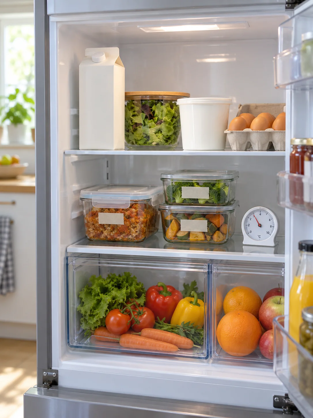 Organized refrigerator with chilled food and thermometer