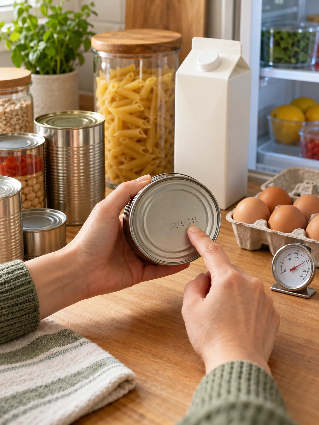 Checking date labels on canned and refrigerated foods