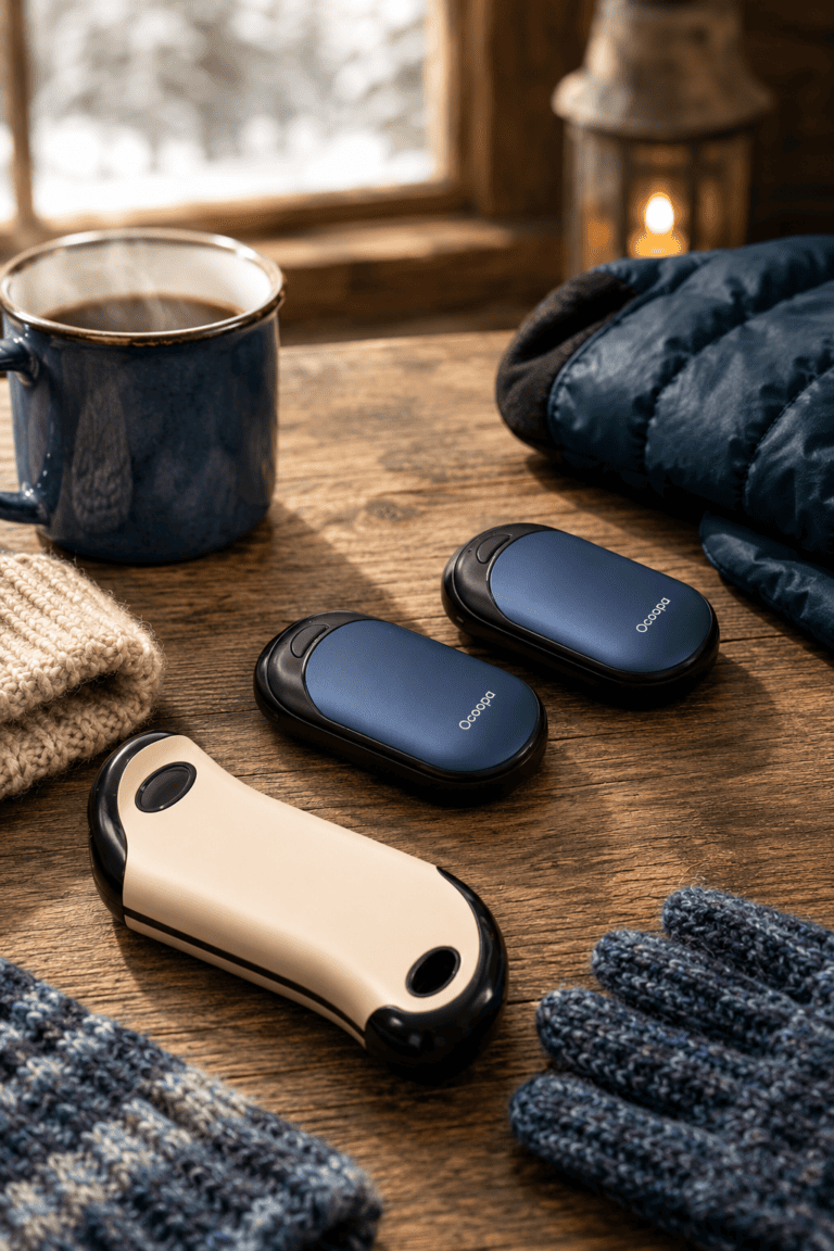 Collection of rechargeable and disposable hand warmers displayed on a wooden table during winter