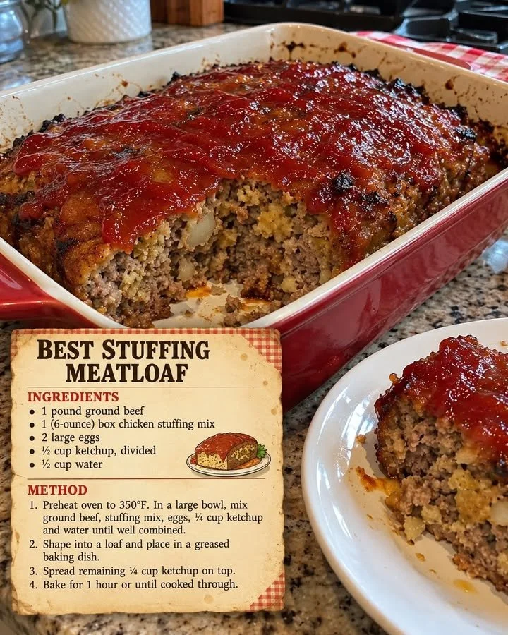 Deliciously stuffed meatloaf with savory stuffing, cooked to perfection.