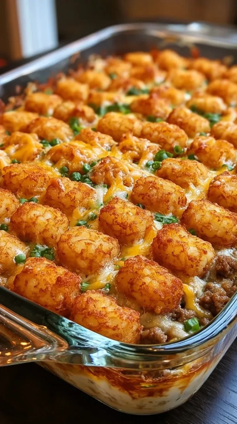 A golden brown tater tot casserole in a glass baking dish with melted cheese on top