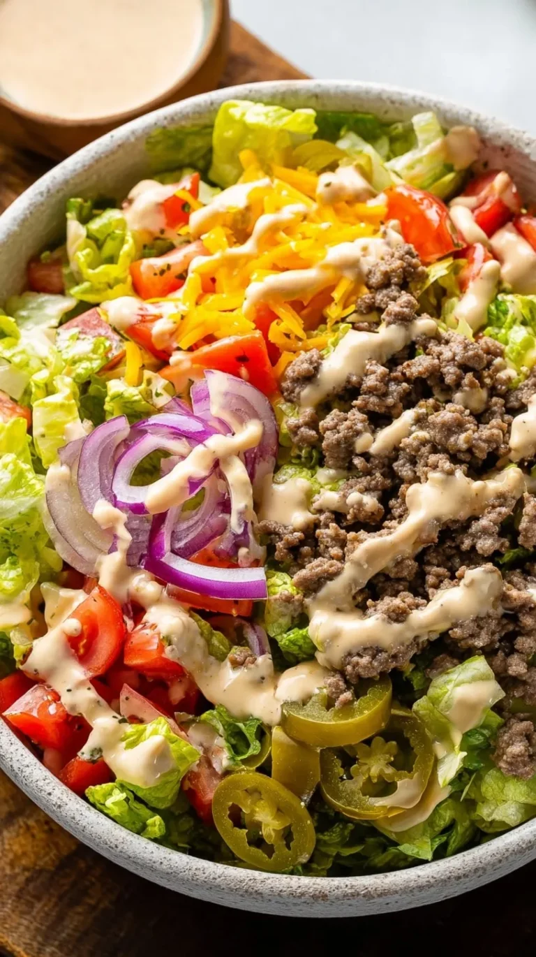 A large bowl of Keto Big Mac Salad with seasoned ground beef, shredded cheese, pickles, and creamy special sauce.