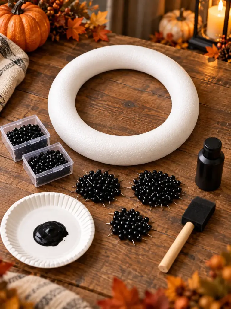 Black map pin wreath materials with foam wreath form and black craft supplies