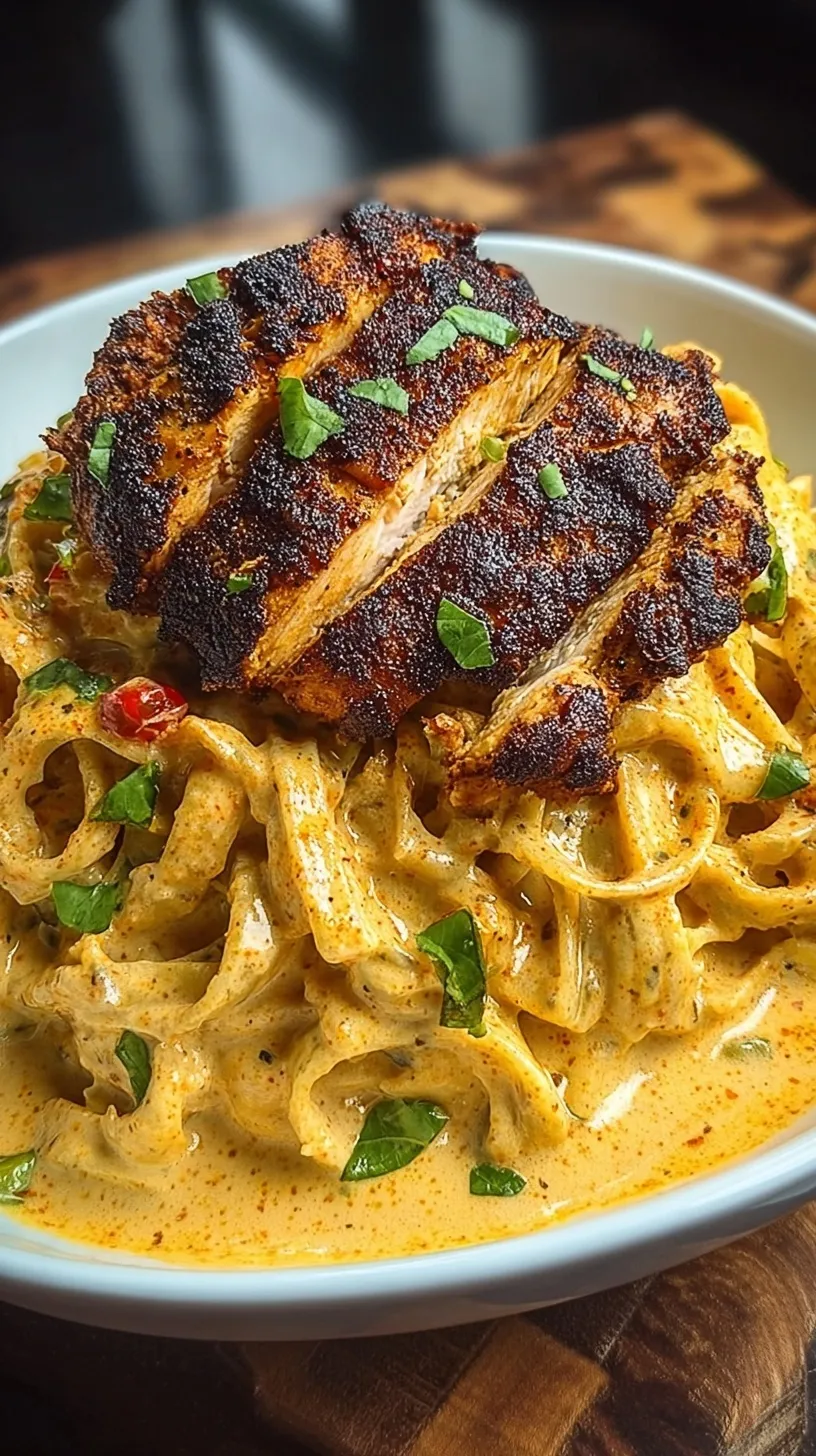 Sliced blackened Cajun chicken breast over a bed of creamy fettuccine alfredo garnished with parsley.