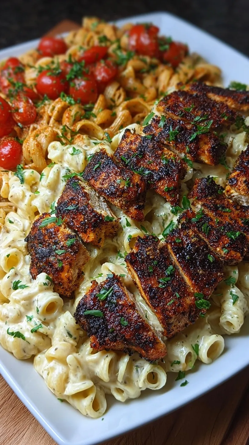 A plate of creamy fettuccine pasta topped with sliced blackened chicken and fresh parsley.