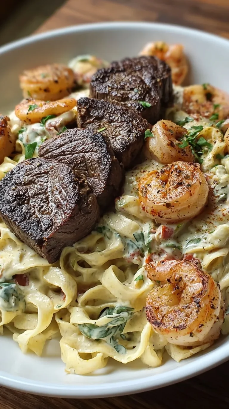 A bowl of creamy fettuccine alfredo topped with blackened steak strips and seared shrimp.