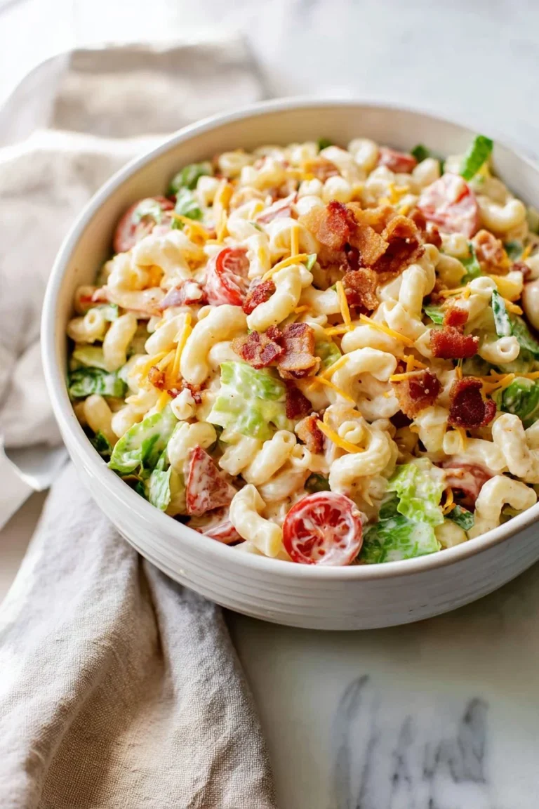 Delicious BLT macaroni salad served in a bowl, perfect for summer gatherings.