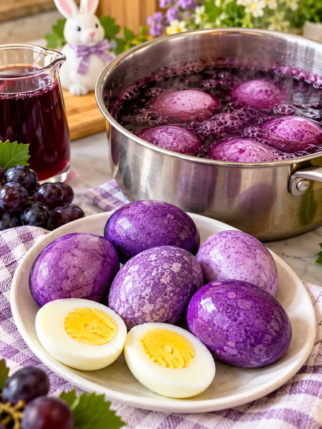 Purple Easter eggs made by boiling eggs in grape juice, displayed beside a pot of grape juice, fresh grapes, and sliced hard-boiled eggs.