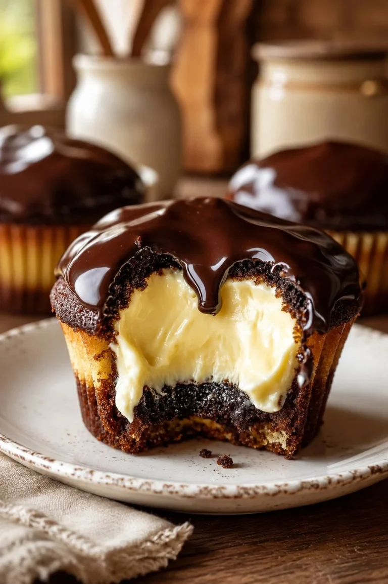 Boston Cream Pie Cupcakes topped with chocolate glaze and cream filling.