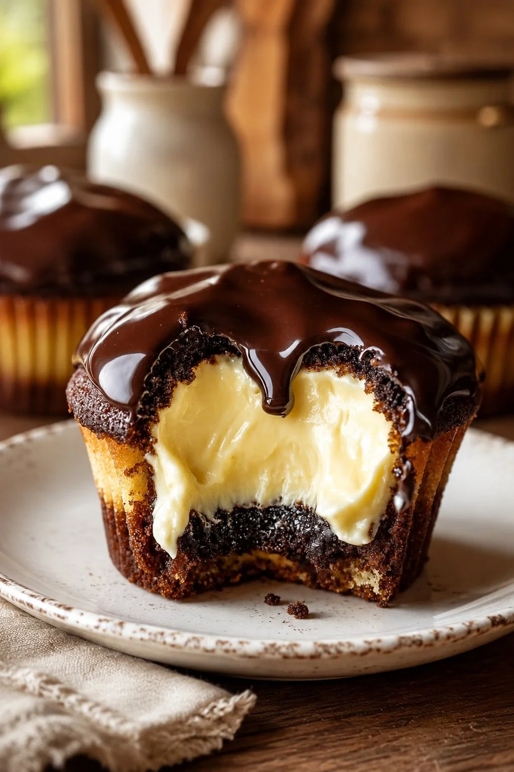 Boston Cream Pie Cupcakes topped with chocolate glaze and cream filling.