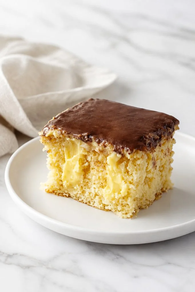 Delicious Boston Cream Sheet Cake topped with chocolate ganache and cream filling