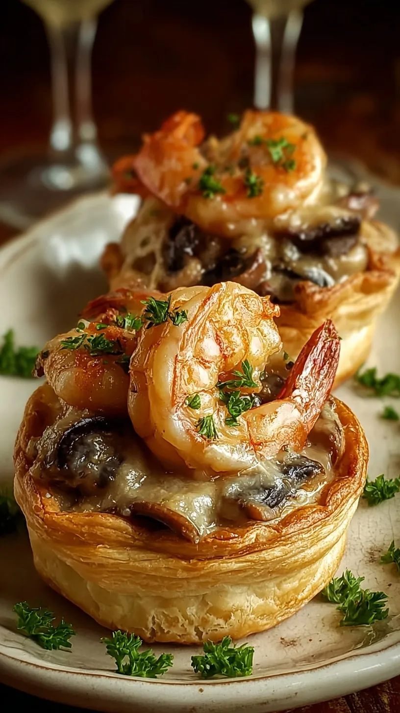 Golden puff pastry shells filled with creamy shrimp and mushroom sauce garnished with parsley