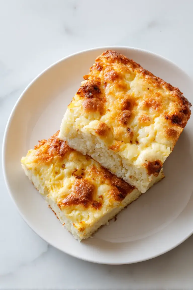 Two golden slices of fluffy three-ingredient breakfast egg bake on a plate