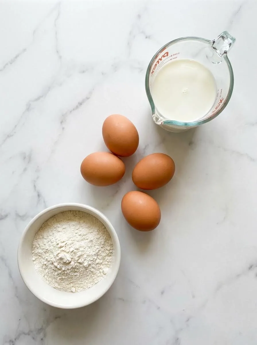 Four eggs, whole milk, and flour for a three-ingredient breakfast egg bake