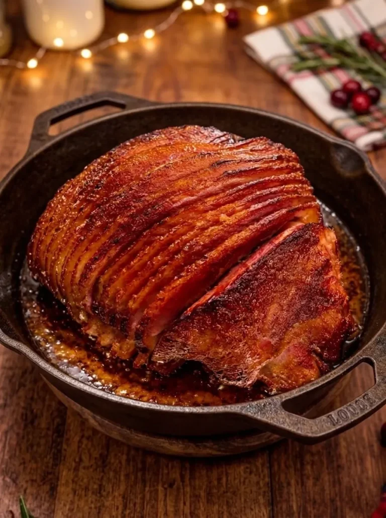 brown sugar glazed holiday ham in cast iron pan