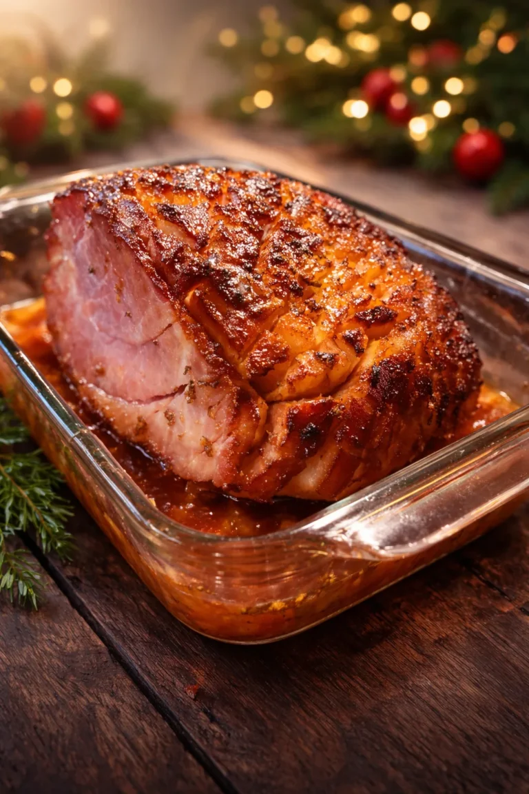 A high-angle, vertical close-up of a whole honey-glazed bone-in ham resting in a glass baking dish. The surface is scored in a deep diamond pattern with a dark, bubbling, caramelized glaze. The ham sits in a pool of golden juices, and the background shows a softly blurred festive holiday setting.