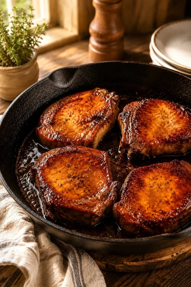 Delicious brown sugar pork chops garnished with herbs and served on a plate