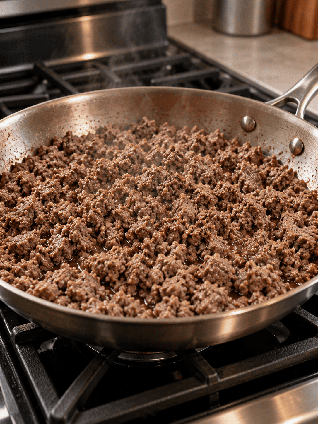 Ground beef browned and crumbled in a skillet