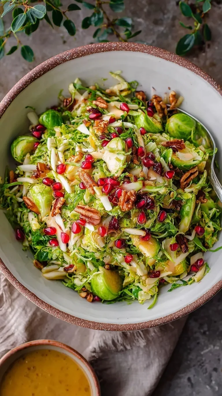 A fresh bowl of shaved Brussels sprouts salad with cranberries and almonds