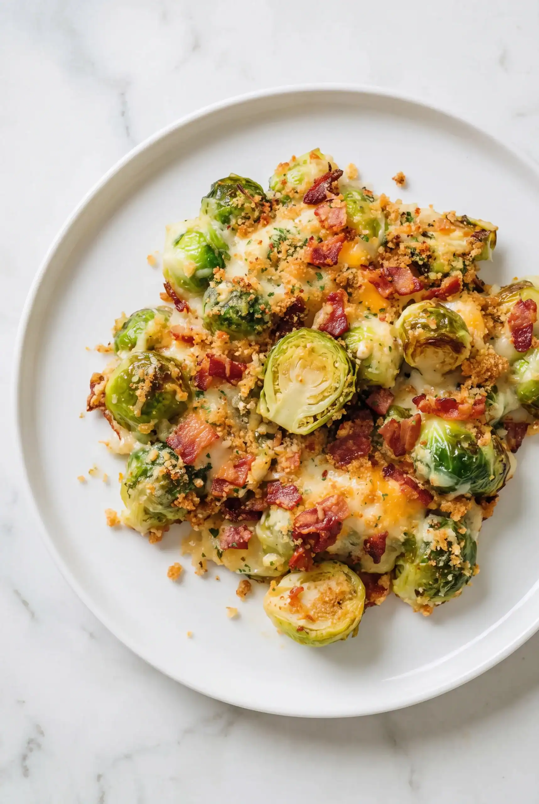 Cheesy Brussels sprouts served on a white plate with optional bacon and crumbs