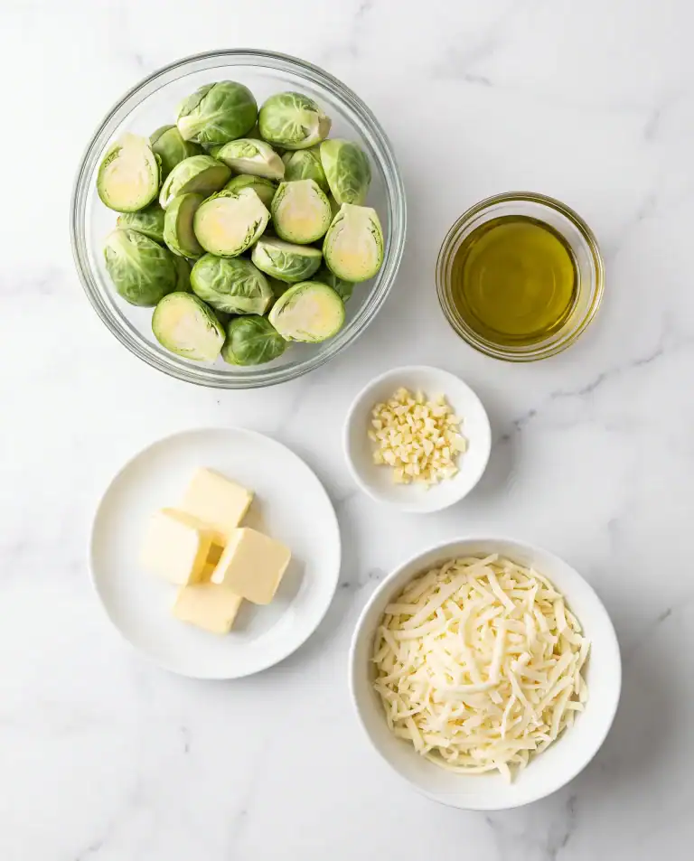 Halved Brussels sprouts with olive oil butter garlic and cheese
