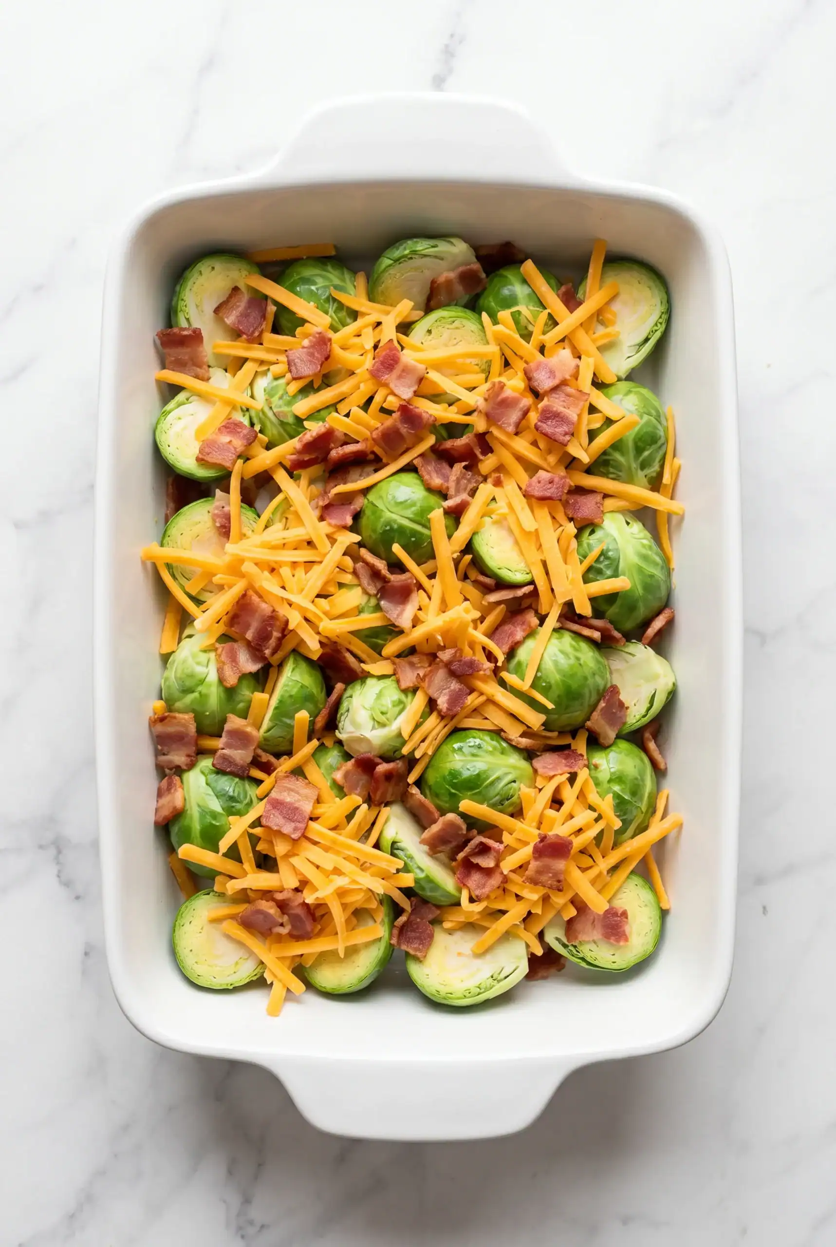 Brussels sprouts in a baking dish with optional bacon and shredded cheese