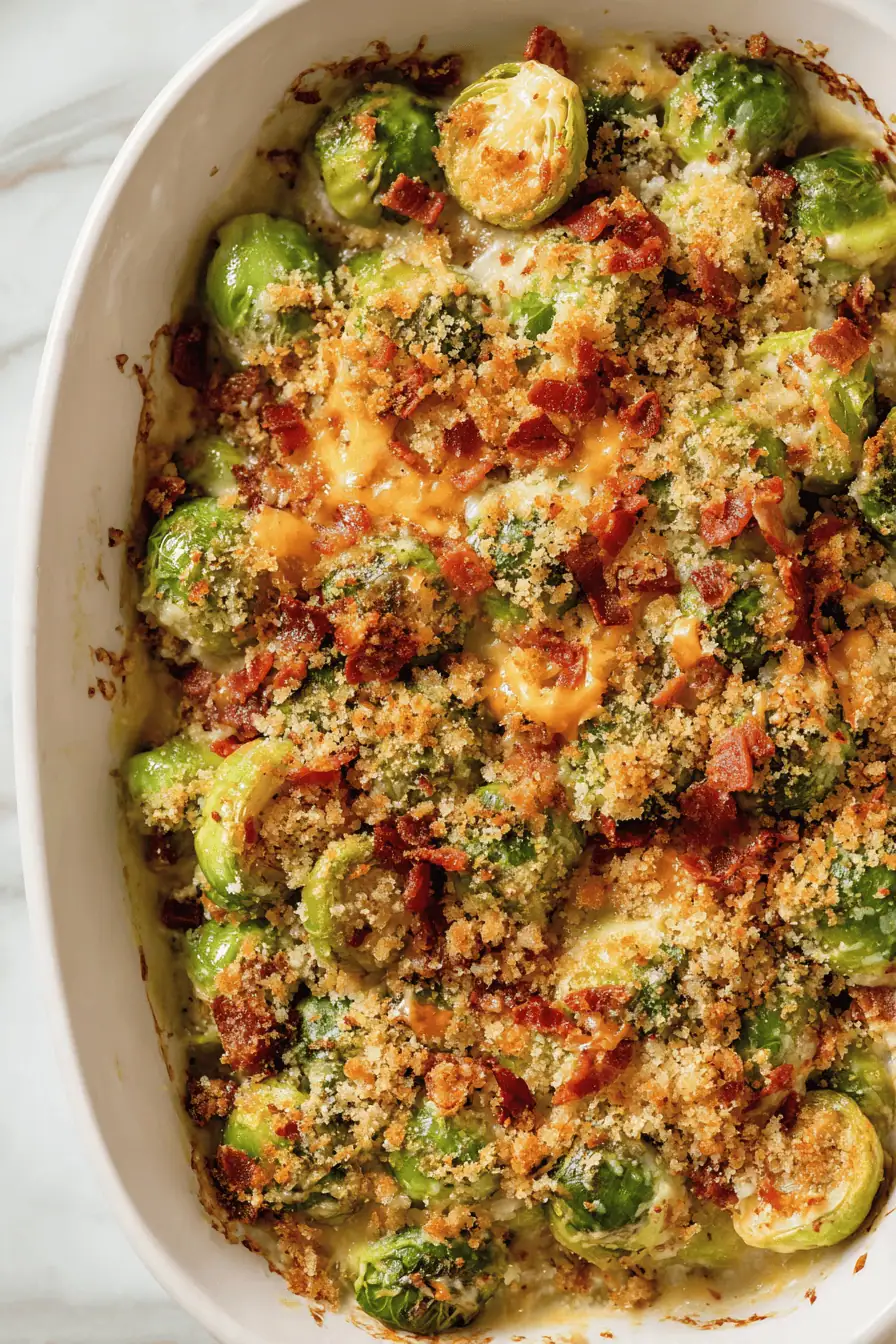 Golden cheesy Brussels sprouts in a baking dish with optional toppings