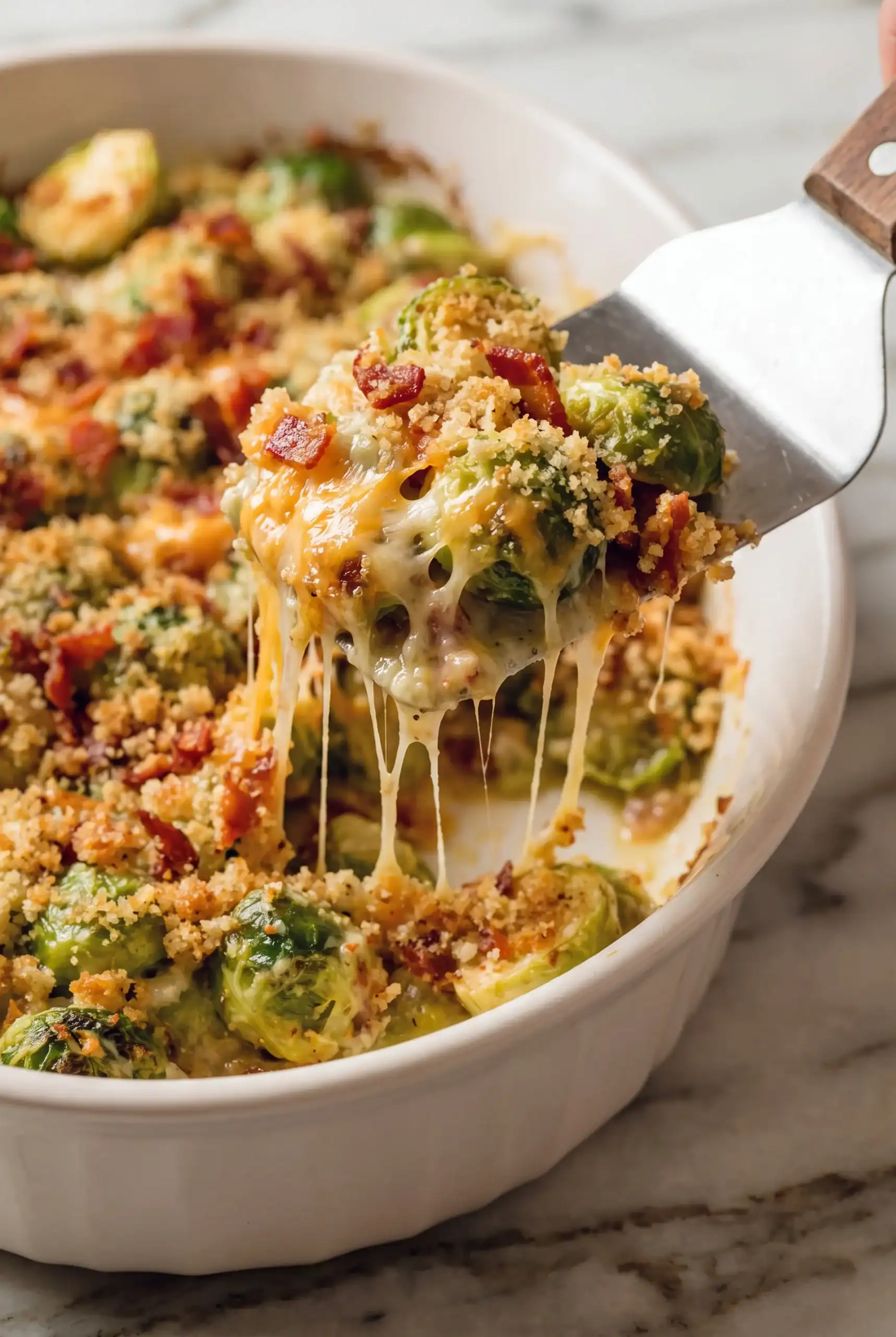 Serving spoon lifting melted cheesy Brussels sprouts